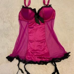La Senza pink satin see through babydoll teddy lingerie with garters Size M